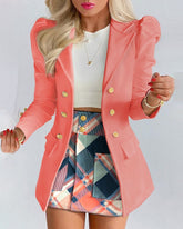 Puff Sleeve Blazer & Plaid Print Skirt Set Fashion Boss 21